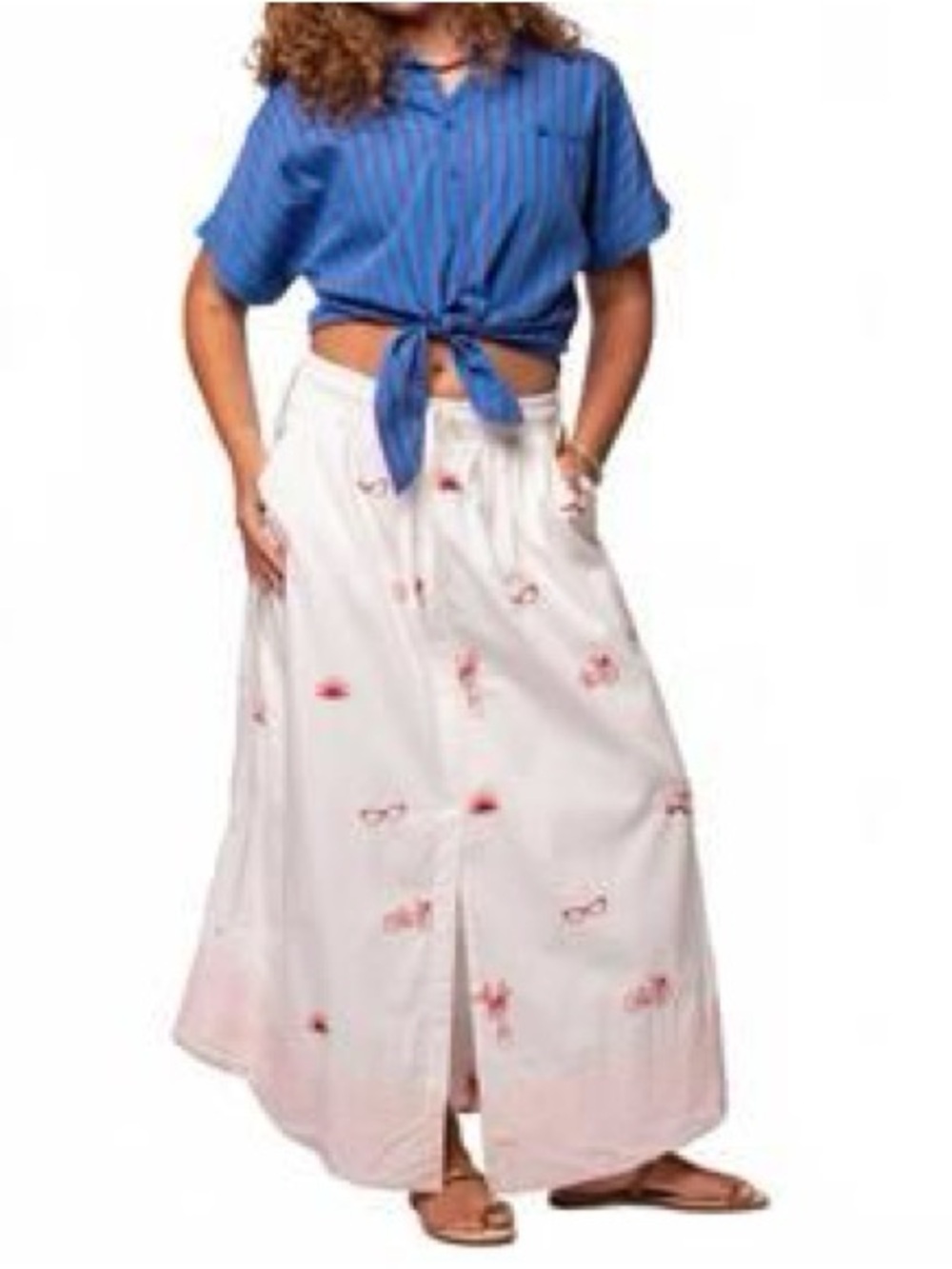 White Maxi Skirt with Red Embroidered Motifs
